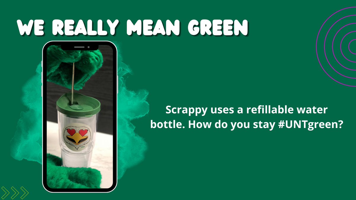 UNTsocial's tweet photo. DYK: Your reusable water bottle helps support sustainability. The @UNTWMGF has resources for how you can be #UNTgreen. Learn more: https://t.co/boKUSQocUv https://t.co/xIeZyNWkVJ