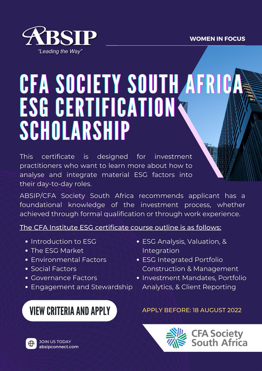AWIF | Invitation to Apply - CFA Society South Africa ESG Certification Scholarship

This is designed for investment practitioners who want to learn more about how to analyse &amp; integrate material ESG factors into their roles

View Criteria &amp; Apply: linktr.ee/absip