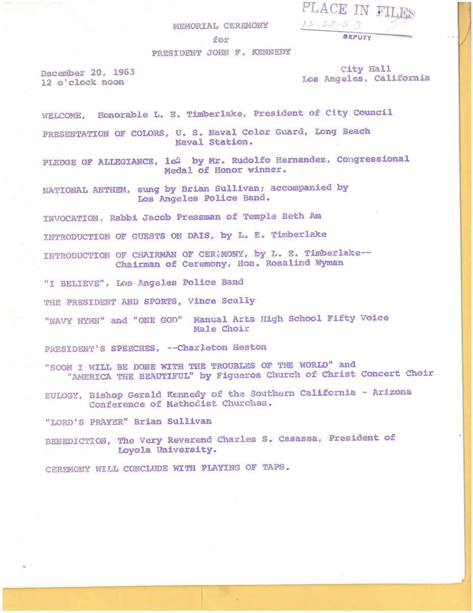 When LA held a public memorial for JFK in December 1963, one of the speakers was Vin Scully. I asked team historian Mark Langill if Vin might remember anything of that event. I don't know if he ever found out.
Here's the program for that day.