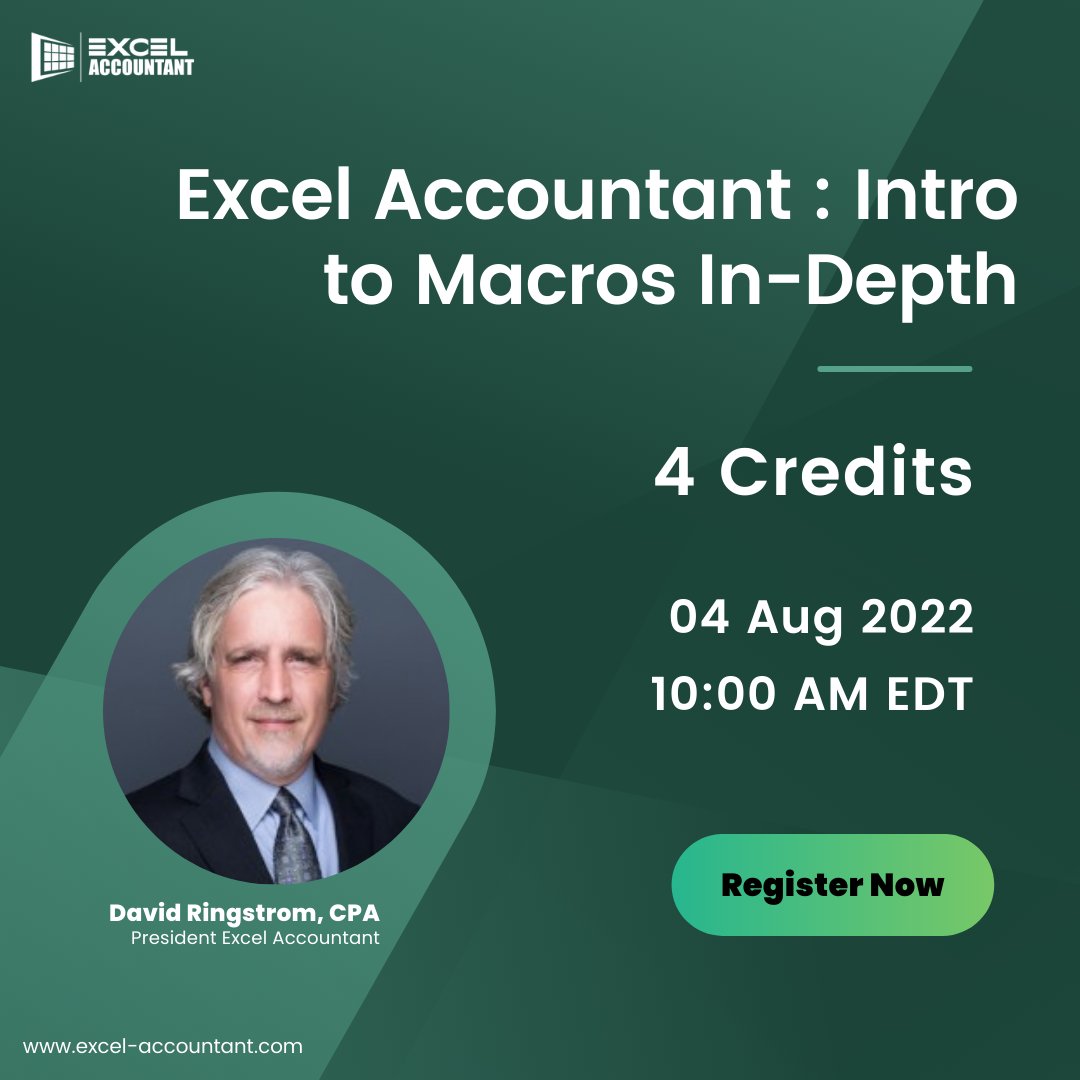 excel_account's tweet image. Join Excel expert David Ringstrom for a webinar "Excel Accountant : Intro to Macros In-Depth" where he will introduce the concept of Excel macros.
 
Register now: bit.ly/2Z4OjjX
 
#excelaccountant #excelmacros #visualbasicapplications #excelshortcut #spreadsheets #excel