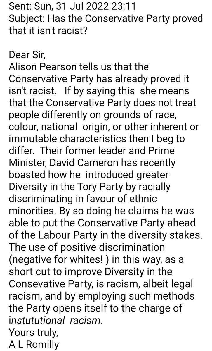 Adrian Romilly from the British Democrats, sent this email to the Telegraph newspaper and his local Conservative MP Stephen Hammond. @Telegraph

#ConservativeLeadershipContest #ConservativeLeadership #ConservativeParty