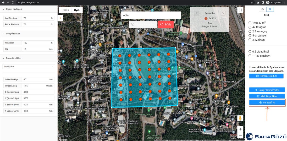 Artık Uçuş Planlama Aracı'nda oluşturduğunuz planlar için yol tarifi alabilirsiniz. Plan oluşturulduğunda "Yol Tarifi Al" butonuna tıklayarak Google Maps üzerinden yol tarifi oluşturup bu linki saha personelleriyle ve proje paydaşlarıyla paylaşabilirsiniz.
#iha #fotogrametri