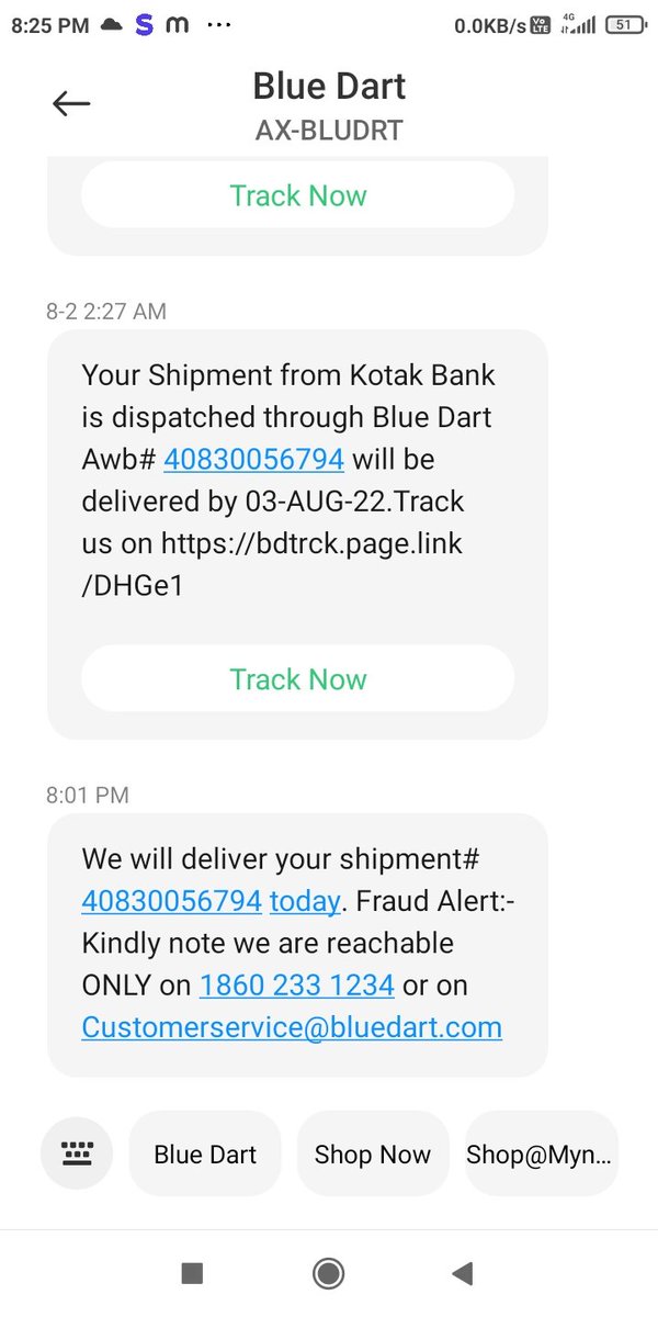 himlko78's tweet photo. @BlueDartCares  I got message around 8.00 pm that you will deliver my courier no 40830056794 https://t.co/sCqbX3pdVn it is  practically possible.before it your company return my card back to bank on 22nd July by saying that I am out of station while your boy talked with me. https://t.co/VbWI1SrBEk