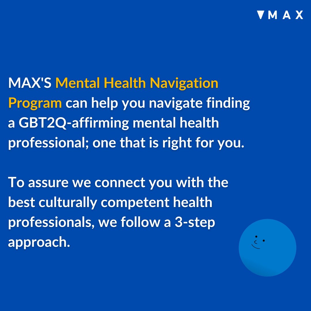 max_ottawa's tweet photo. Looking for GBT2Q-affirming mental health care? 

MAX’s Health Navigator can help you navigate finding not just a GBT2Q-affirming mental health professional, but the one that’s right for you.

For more information, email navigation@maxottawa.ca https://t.co/CBSML7q11W