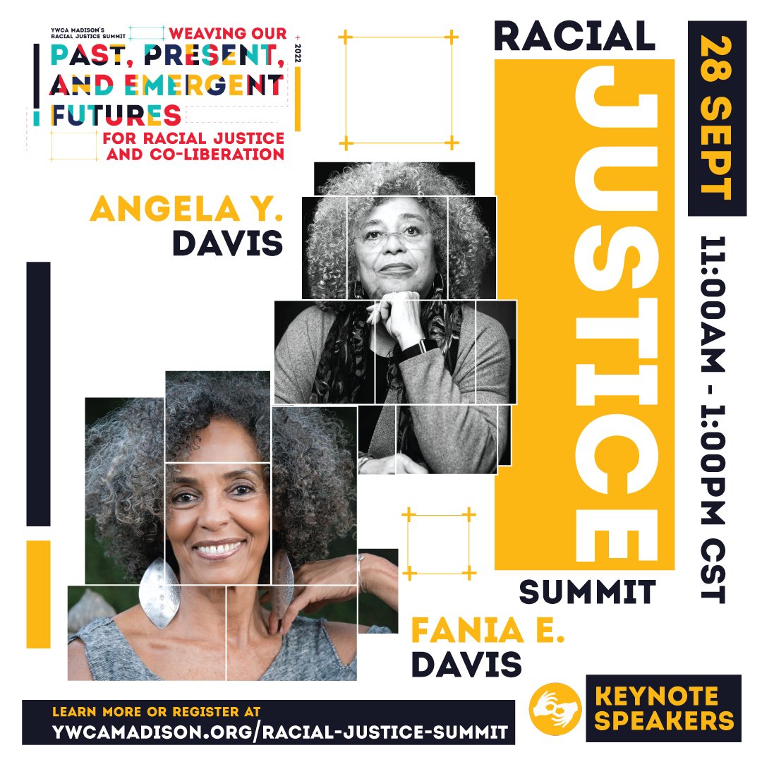 YWCAMadison's tweet photo. ✨Interwoven bonds of sisterhood come to the 2022 Racial Justice Summit through the radical healing and social justice work of Angela Y. Davis and sister Fania E. Davis!✨
Register Today at https://t.co/EwAySFbnaW 
 #EmergingColiberation #2022RJSummit #ywcamadison https://t.co/IdyAAvraKG
