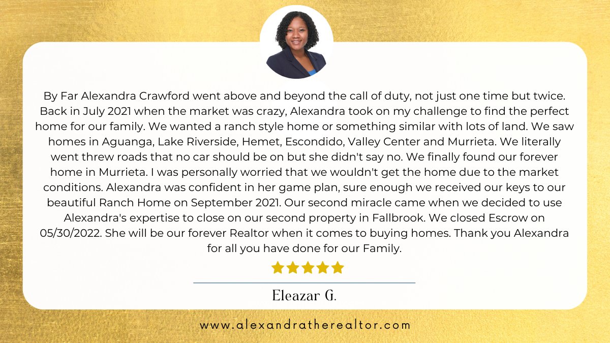 AlexandraSDRE's tweet photo. #GenuineClientReview ⭐⭐⭐⭐⭐
 
Thank you so much, Eleazar for choosing me again to navigate buying your second [investment] property in Fallbrook within 1 year of purchasing your first home. Your trust and confidence meant the world to me.

#Review #RealestateReview https://t.co/vT9M7drALf