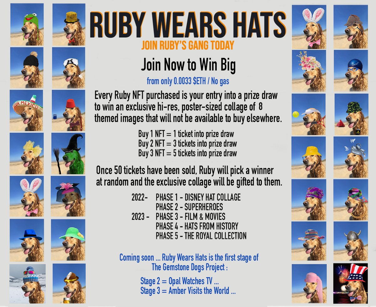 Hey frens. I'm sharing my plan that will ensure 'Ruby Wears Hats' grows as a long-term + fun photo collection like no other.
Join Ruby's Gang now to win big prizes and be part of something unique. From 0.0033ETH + No Gas on 
<a href="/opensea/">OpenSea</a>
#OpenSeaNFT 😀🐶🌈👒🥳
opensea.io/collection/rub…