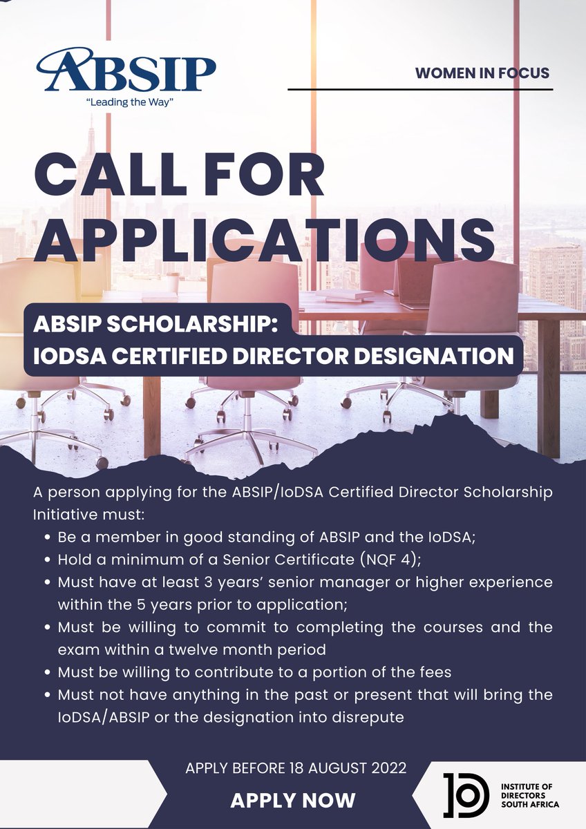 absip's tweet photo. ABSIP Women In Focus | Invitation to Apply - Scholarship: IoDSA Certified Director Designation

View Criteria &amp; Apply: https://t.co/qun0BEcX8C https://t.co/iM0K5Z0lkF