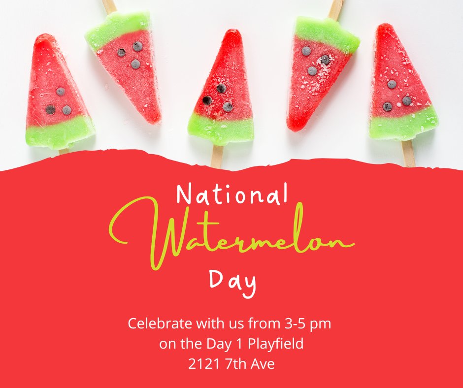 southlakeunion's tweet photo. Happy #NationalWatermelonDay to those who celebrate 🍉 Come to the Day 1 Playfield (2121 7th Ave) from 3-5 pm for a #SummerinSLU treat. https://t.co/SldobnGhOn