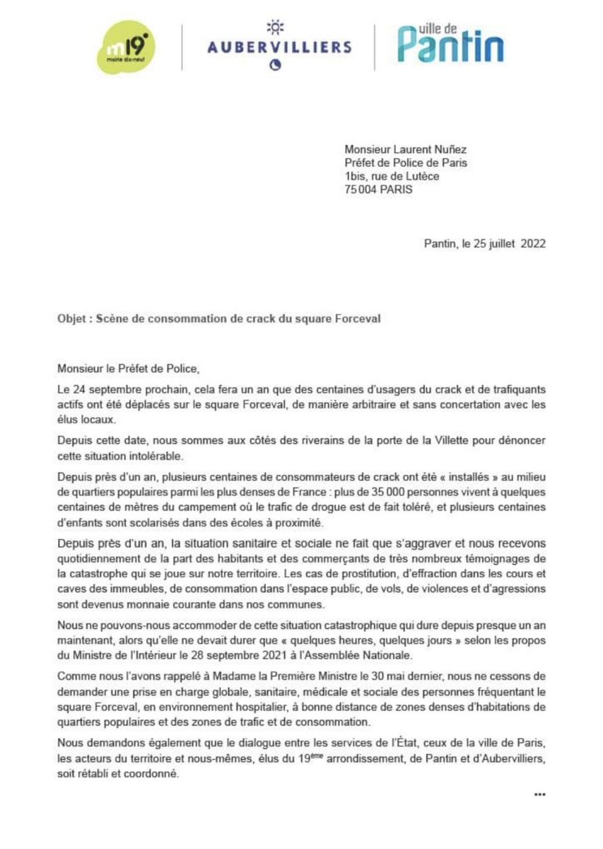 Anticrack93's tweet photo. Les maires de @aubervilliers93 , @VilledePantin et @Paris19e ont écrit au nouveau @prefpolice afin d'exiger des actions face à la crise du #crack qui n'en finit pas Porte de la #Villette.
Nous nous associons à cette requête, il faut que l'État prenne ses responsabilités ! https://t.co/Jy8O8WsvW0