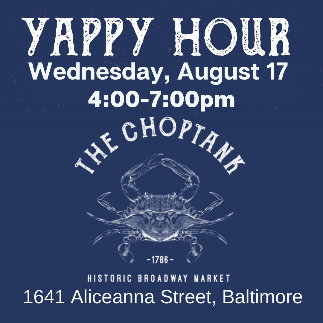 Join us for this month's YAPPY Hour! After each monthly event, a donation will be made to BHS! Thank you Atlas Restaurant Group for your continued support! #thechoptank #atlasrestaurantgroup #cleartheshelters #bmorehumane #supportnonprofits #titosfordogpeople <a href="/TheChoptank/">the choptank</a>