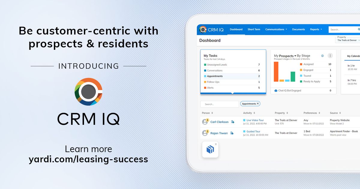 Yardi's tweet photo. Deliver better customer experiences with CRM IQ, a new customer-centric solution from Yardi. Built into the Voyager + RentCafe product suites, CRM IQ supports prospects &amp; residents across the customer journey. 
Learn more: https://t.co/TdgirN3Gm0 #CRM #LeasingTechnology #RentCafe https://t.co/ATpHhS3vtq