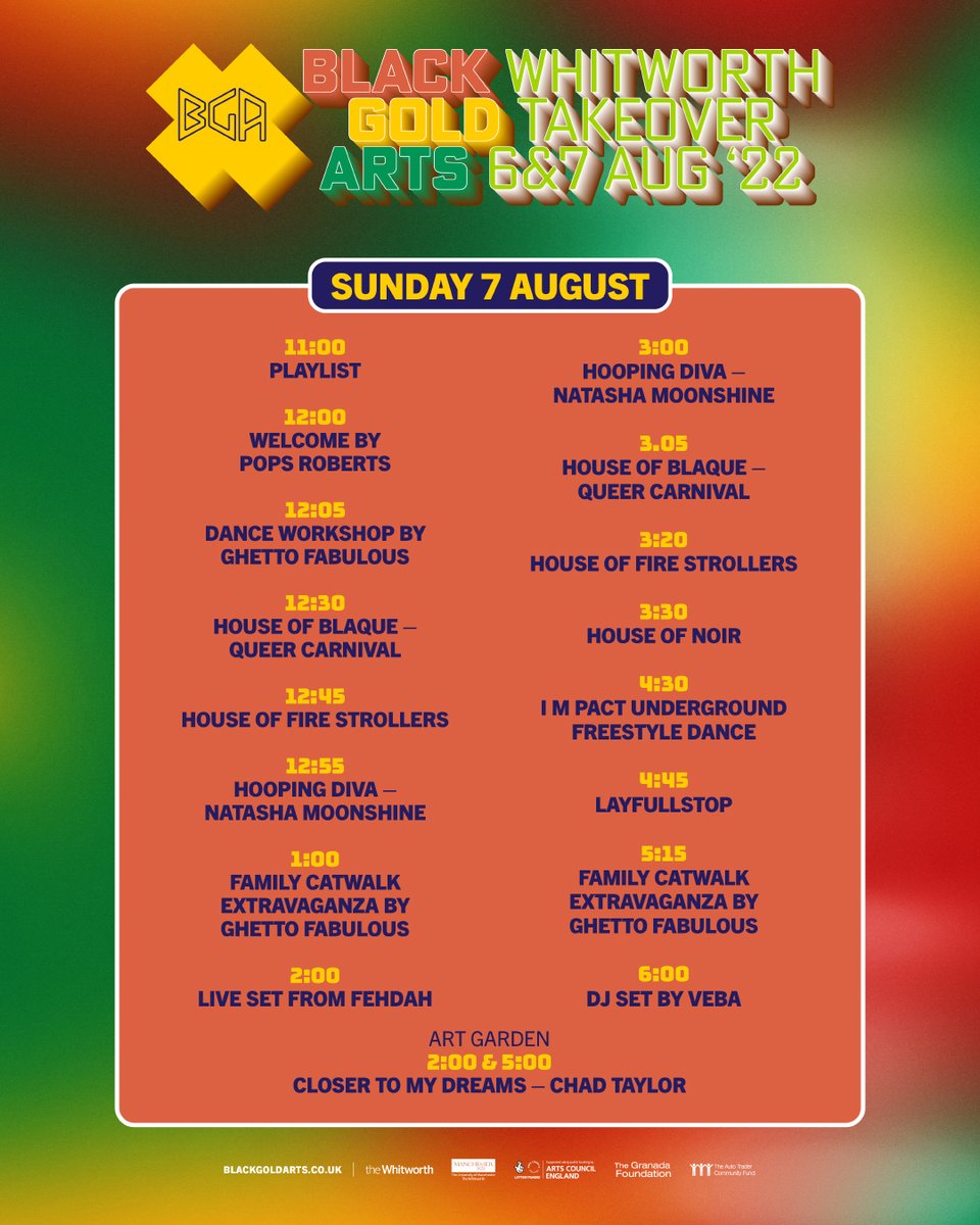 Black Gold Arts (@blackgoldarts) on Twitter photo Stage times for BGA X <a href="/WhitworthArt/">the Whitworth</a> Takeover this weekend, Sat 6 & Sun 7 Aug. Wow what a lineup! @RikkiBB @mandla_ndla <a href="/mix_stress/">Mix-Stress</a> <a href="/VebaVixen/">Vebalicious is Still a DisGrace Jones</a> <a href="/LayFullstop/">LayFullstop</a> <a href="/FehdahFoli/">Fehdah</a> <a href="/ChaddyTaylor/">Chad Taylor</a> <a href="/HOUSEofNOIR/">HOUSE of NOIR</a> Stage times for BGA X <a href="/WhitworthArt/">the Whitworth</a> Takeover this weekend, Sat 6 & Sun 7 Aug. Wow what a lineup! @RikkiBB @mandla_ndla <a href="/mix_stress/">Mix-Stress</a> <a href="/VebaVixen/">Vebalicious is Still a DisGrace Jones</a> <a href="/LayFullstop/">LayFullstop</a> <a href="/FehdahFoli/">Fehdah</a> <a href="/ChaddyTaylor/">Chad Taylor</a> <a href="/HOUSEofNOIR/">HOUSE of NOIR</a>