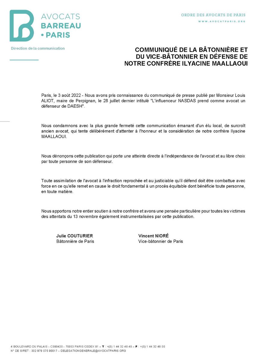 batonnierparis's tweet photo. Avec @vincent_niore, nous condamnons avec fermeté les propos du maire de Perpignan @louis_aliot sur notre confrère Ilyacine MAALLAOUI qualifié dans un communiqué d'avocat "défenseur de DAESH", constituant une atteinte directe à l'indépendance de l'avocat. https://t.co/0biX3Q8QFD