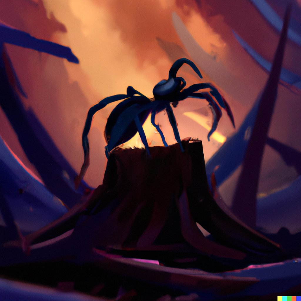 JoshDance's tweet photo. @dan_lefev I asked #dalle2 for a 'triumphant spider that survived a fire, digital art' and got this.
Pretty good I think.
The #SpringvilleFire spider survives. :) https://t.co/Isu7L9qfoM
