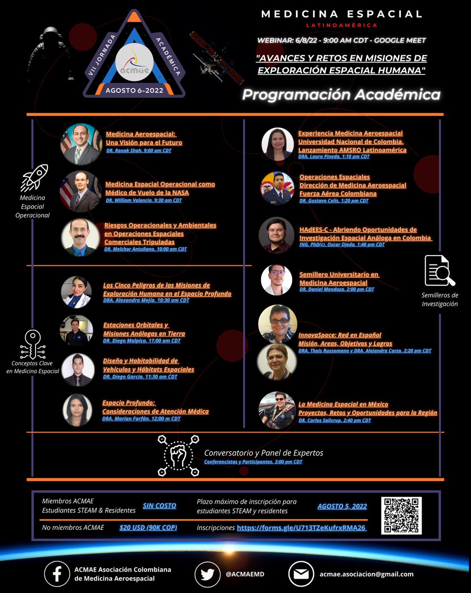“Avances y Retos en Misiones de Exploración Espacial Humana”.
VII Jornada Académica ACMAE: Medicina Espacial en Latinoamerica.
Todos abordo, últimos cupos! 🚀🧑🏼‍🚀🛰👨🏾‍🚀
#MedicinaEspacial #Astronautas #ISS #NASA #STEAM
medaeroespacialcol.org/titulares