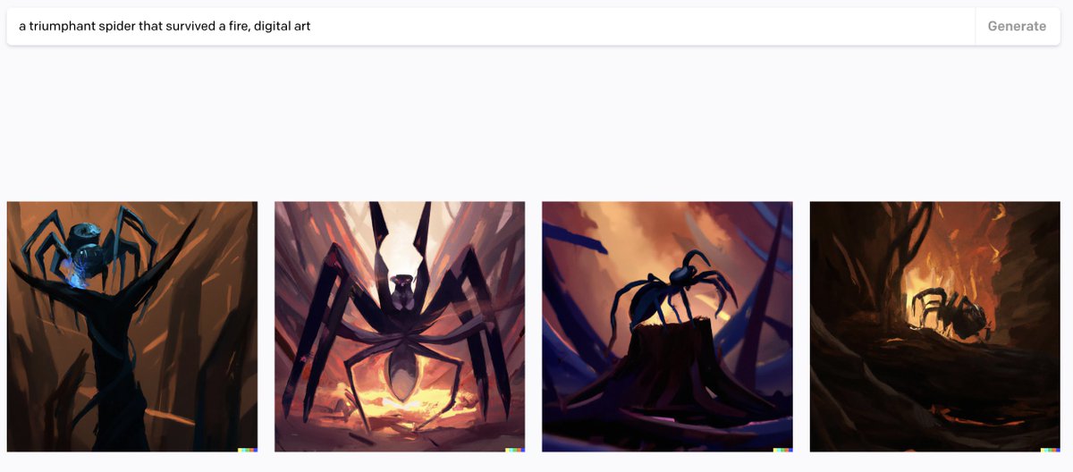 JoshDance's tweet photo. @dan_lefev I asked #dalle2 for a 'triumphant spider that survived a fire, digital art' and got this.
Pretty good I think.
The #SpringvilleFire spider survives. :) https://t.co/Isu7L9qfoM