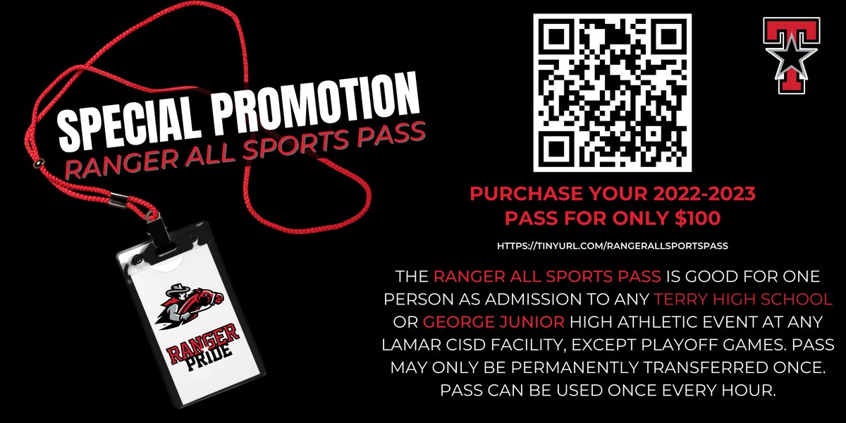Terry_Rangers's tweet photo. #RangerNation, have you heard about @lcisdathletics #SpecialPromotion for @Terry_Rangers and @GJHAthletics? For only $100 you can purchase an All Sports Pass to attend every Ranger game within @lcisdfor the 2022-2023 school year. Get yours today! #LetsRIDE https://t.co/CB7poAwrt5 https://t.co/boCcDWeeWY
