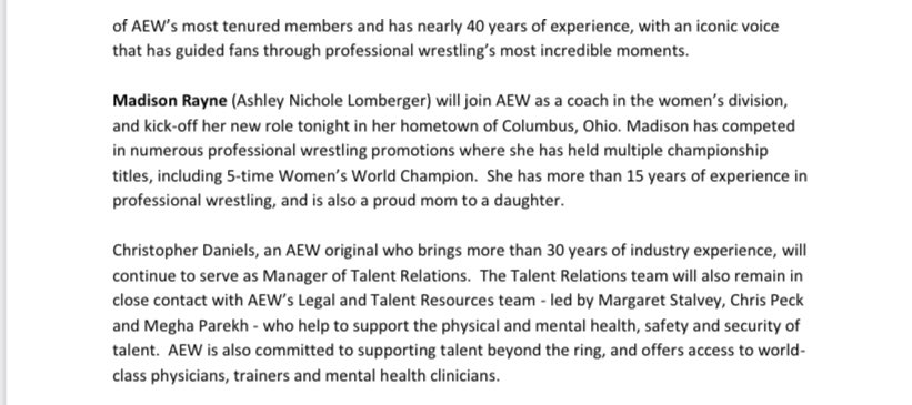 #AEW  just announced extended backstage roles for multiple people, and says it is bringing in Madison Rayne as a coach for the women’s division.