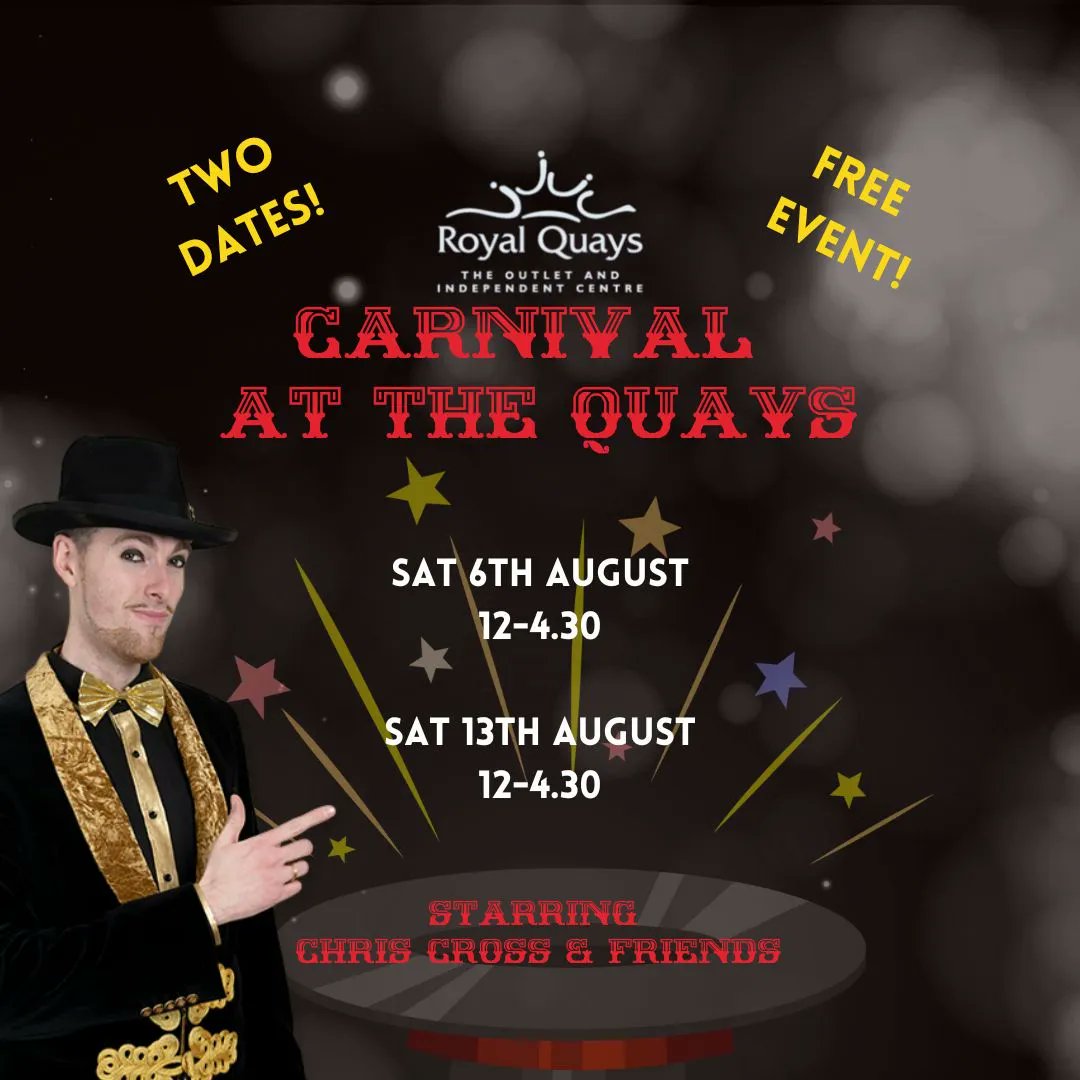 NEFamilyFun's tweet photo. ad | FREE Carnival at the Quays event at @RoyalQuaysCtr this Saturday (6 August and again on 13 August). No booking required. 
⭐ Performances by Chris Cross Magician &amp; Escapologist 
⭐ Sword Swallowing 
⭐ Whip Cracking Shows 
⭐ Bed of Nails Lying https://t.co/2Pi7ymQei7