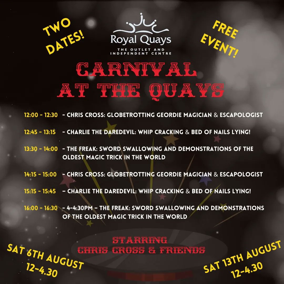 NEFamilyFun's tweet photo. ad | FREE Carnival at the Quays event at @RoyalQuaysCtr this Saturday (6 August and again on 13 August). No booking required. 
⭐ Performances by Chris Cross Magician &amp; Escapologist 
⭐ Sword Swallowing 
⭐ Whip Cracking Shows 
⭐ Bed of Nails Lying https://t.co/2Pi7ymQei7