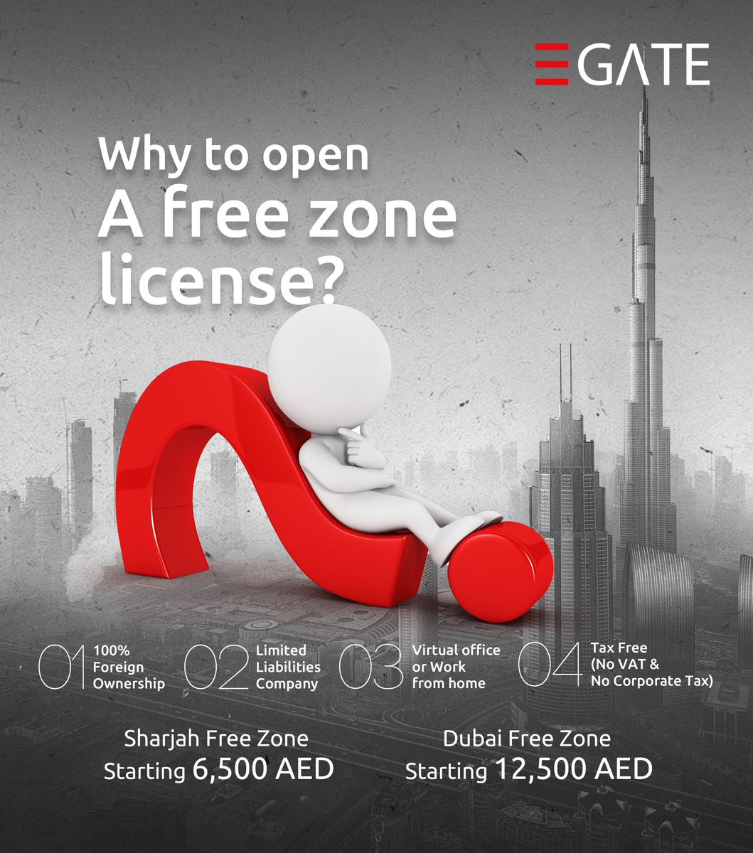 EGATEme's tweet photo. Why to Open FREE ZONE License ?
- 100% Foreign Ownership
- Limited Liabilities Company
- Virtual Office or Work from Home
- TAX FREE ( NO VAT &amp; NO Corporate Tax )
(+971)566.665.969 | https://t.co/Xu2pwnnKI7 https://t.co/olta0uS8ET