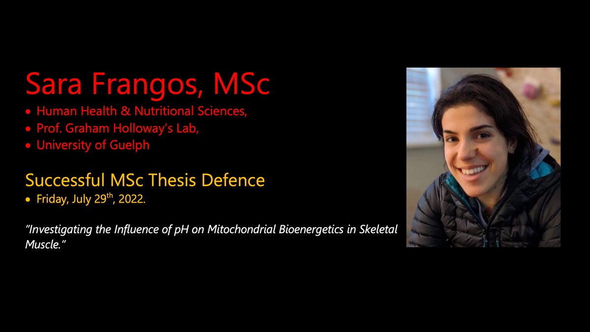 UofG_HHNS's tweet photo. 🍾CONGRATULATIONS  SARA!👍
📢Sara Frangos, MSc, Successfully Defended Her Thesis!
🎙️“pH Influence on Skeletal Muscle Mitochondrial Bioenergetics”

🗓️Fri July 29
📌@UofG_HHNS!

🔬Prof. Graham Holloway's Lab @UofGResearch!
🏛️#UofG #UofGCBS
🎓#MScGrad #WomenInScience #WomenInSTEM https://t.co/BUGjKEKxF2