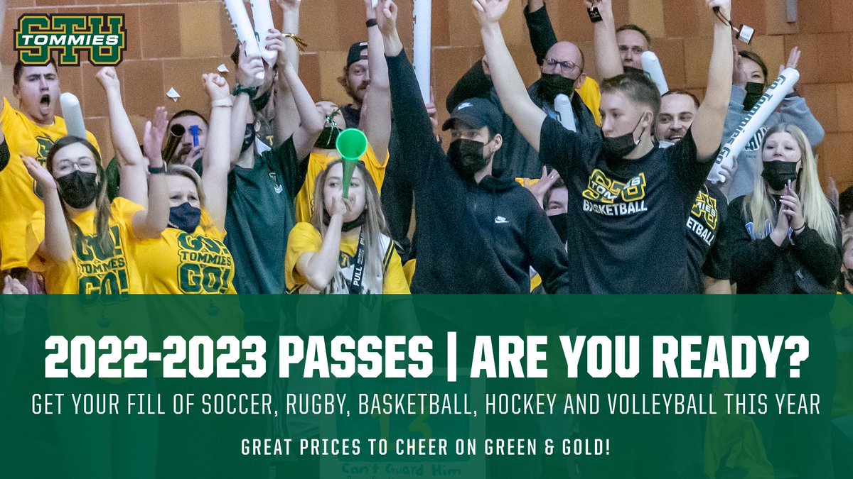 Tommies Season Passes are now on sale online and at the @JBOFitCen on Campus!

Buy your pass to get your fill of Soccer, Rugby, Basketball, Volleyball or Women's Hockey!

Can't choose?  Get the Best Deal and pick up an All-Sport Season Pass!

Details/buy: GoTommies.ca/Tickets