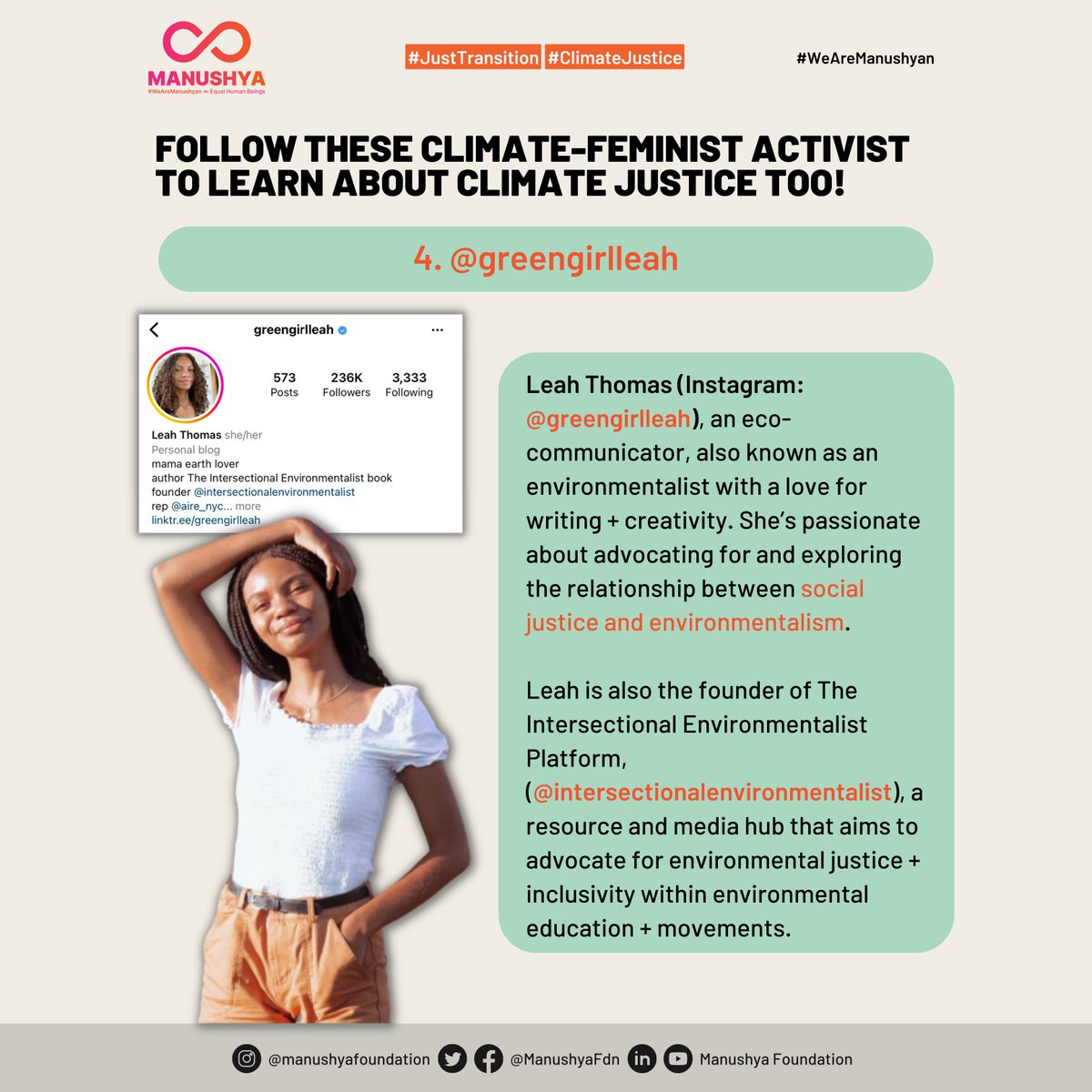 ManushyaFdn's tweet photo. #JustTransition 🌏 #ClimateJustice ⚖️ Follow these climate-feminist activists to learn about climate justice too! 🙌⤵️
〰️ IG: @greengirlleah
〰️ @isxenviro
〰️ IG: @greendreamerkamea

#Intersectionalenvironmentalist #intersectionalfeminism #collectivehealing #climatecrisis #reuse https://t.co/oRGeJNbPlG