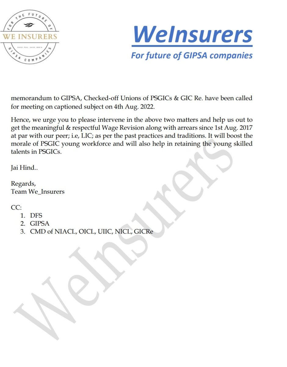 beVocal_India's tweet photo. @FinMinIndia @nsitharamanoffc @nsitharaman 
Respected Madam,
Please help 50000 PSGIC &amp; GIC Re. Employees to get meaningful &amp; respectful #GIPSAWAGEREVISION #atParwithLIC .

Regards,
@WInsurers https://t.co/gQC002l6CC