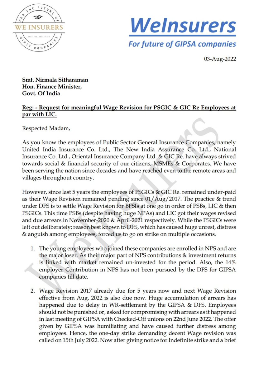 beVocal_India's tweet photo. @FinMinIndia @nsitharamanoffc @nsitharaman 
Respected Madam,
Please help 50000 PSGIC &amp; GIC Re. Employees to get meaningful &amp; respectful #GIPSAWAGEREVISION #atParwithLIC .

Regards,
@WInsurers https://t.co/gQC002l6CC