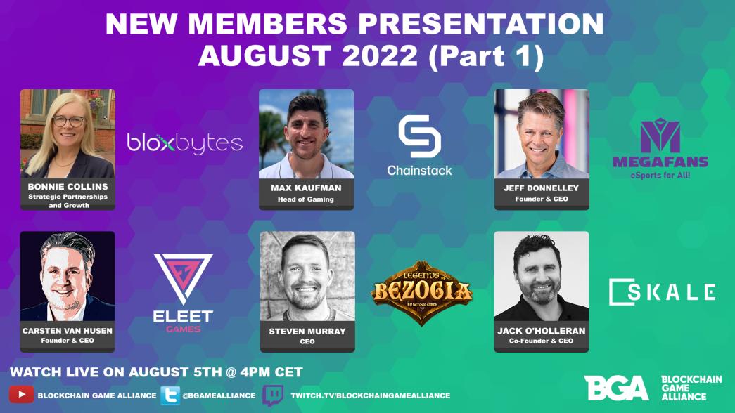 BGameAlliance's tweet photo. 👋Come say hi to our new BGA members during our August session
📅FRIDAY 5th August, 4PM CET

with @BloxBytes 
@ChainstackHQ 
@MegafansEsports 
Eleet Games 
@bezoge 
@SkaleNetwork 

 💻YT:  https://t.co/jCRRlnz1GX
🕹️Twitch: https://t.co/hzqYEY6ZpU https://t.co/El9EXKQVGn