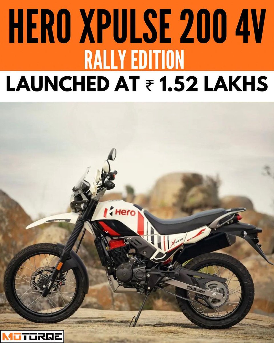 motorqe's tweet photo. LAUNCHED 

@HeroMotoCorp  XPulse 200 4V Rally Edition
That gets you:
➡️ Limited-edition
➡️ Exclusive rally-code graphics
➡️ Fully adjustable suspension at both ends
➡️ Front gets 250mm travel, the rear gets 220mm
➡️ Kerb weight of 160kg

#adventure #rally #xpulse #offroad #hero https://t.co/QFNBRuzFwe