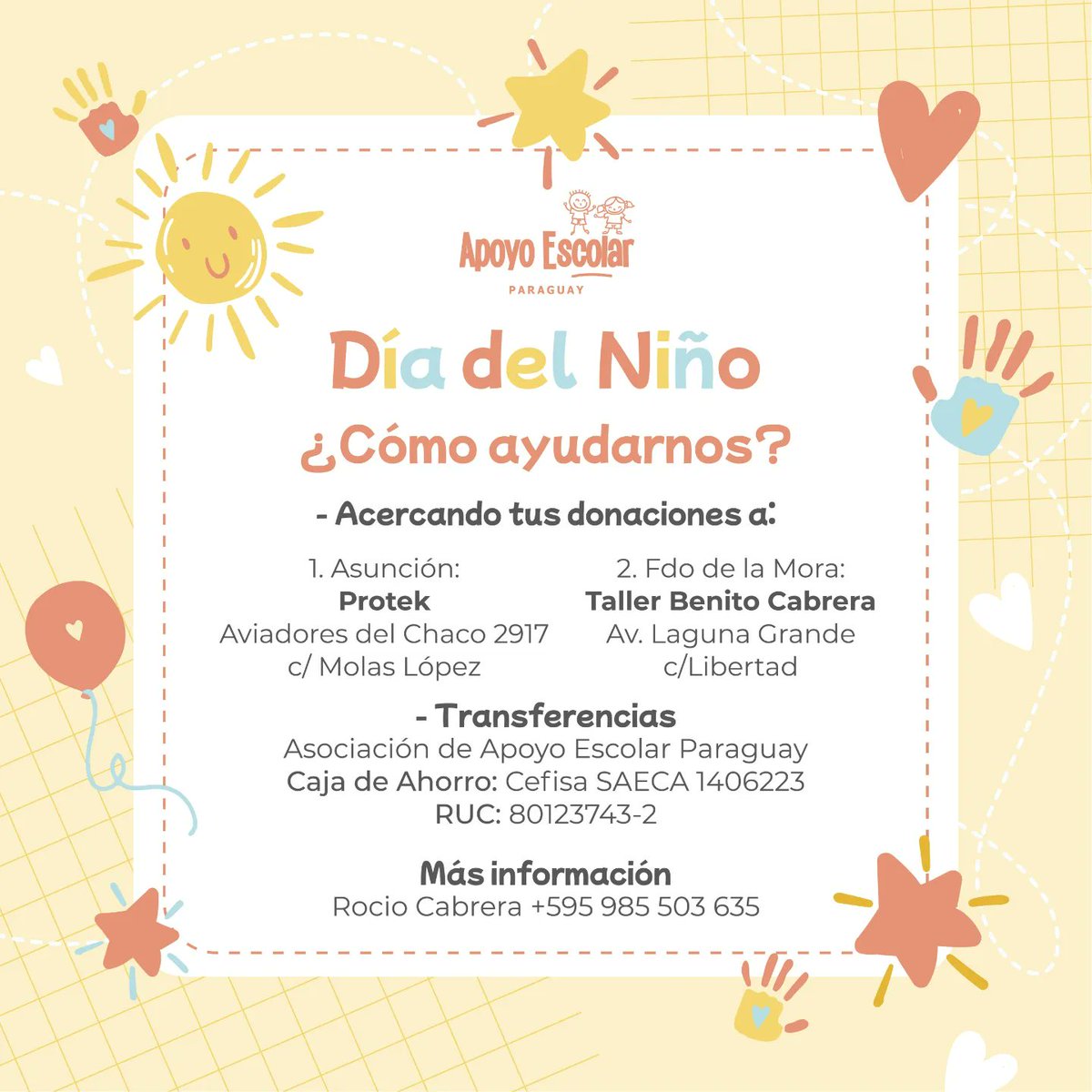 TVNFPUNA's tweet photo. CAMPAÑA DÍA DEL NIÑO 🧸🎁
Tu Voz Nuestra Fuerza junto con Apoyo Escolar PY te invita a ser parte de esta colecta solidaria por el Día del Niño donde todo lo recaudado estaremos acercando a 3 comunidades! ✨
¡Sumate y ayúdanos a dibujar sonrisas este Día del Niño! 💝
#Tvnf https://t.co/kieXgF2bv8