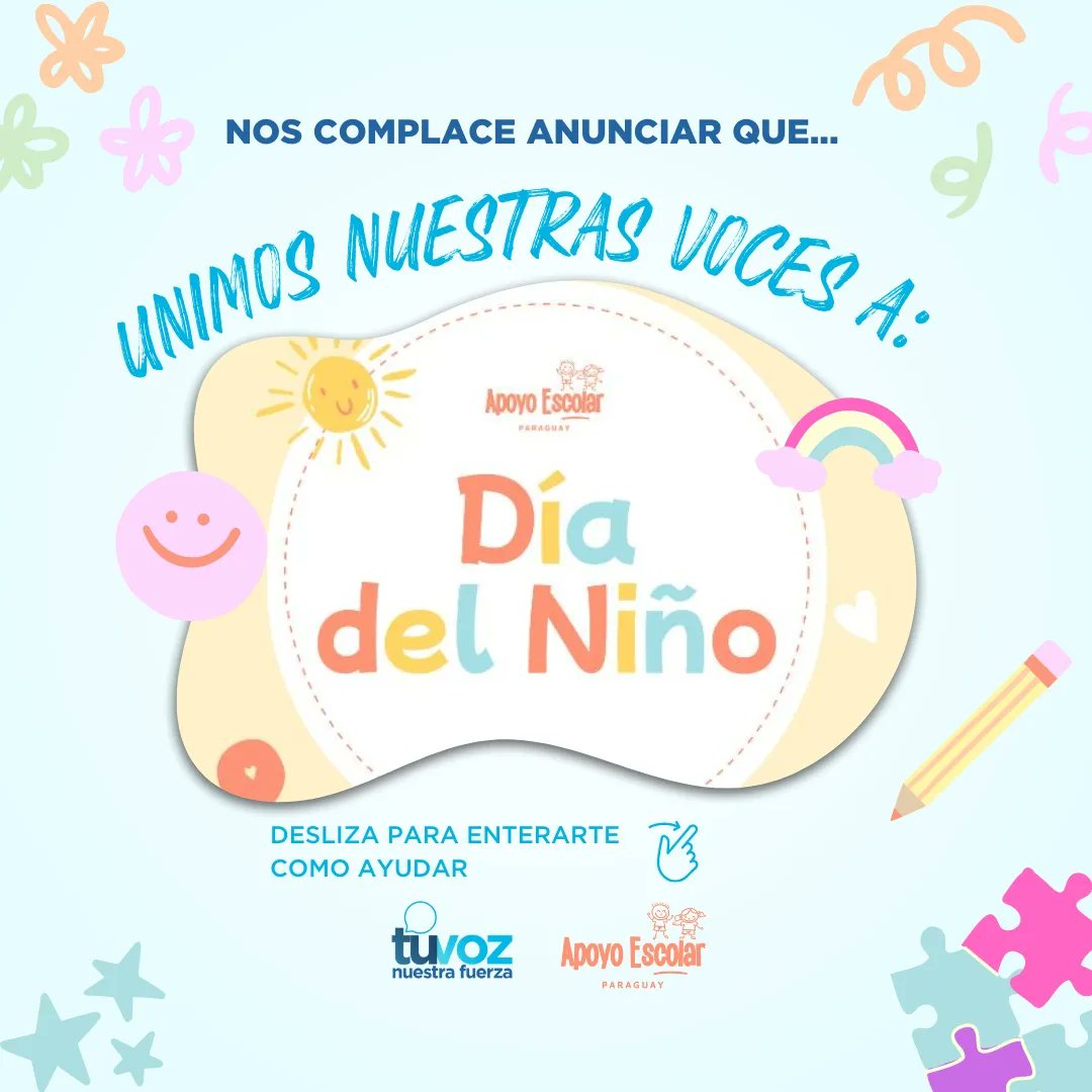 TVNFPUNA's tweet photo. CAMPAÑA DÍA DEL NIÑO 🧸🎁
Tu Voz Nuestra Fuerza junto con Apoyo Escolar PY te invita a ser parte de esta colecta solidaria por el Día del Niño donde todo lo recaudado estaremos acercando a 3 comunidades! ✨
¡Sumate y ayúdanos a dibujar sonrisas este Día del Niño! 💝
#Tvnf https://t.co/kieXgF2bv8