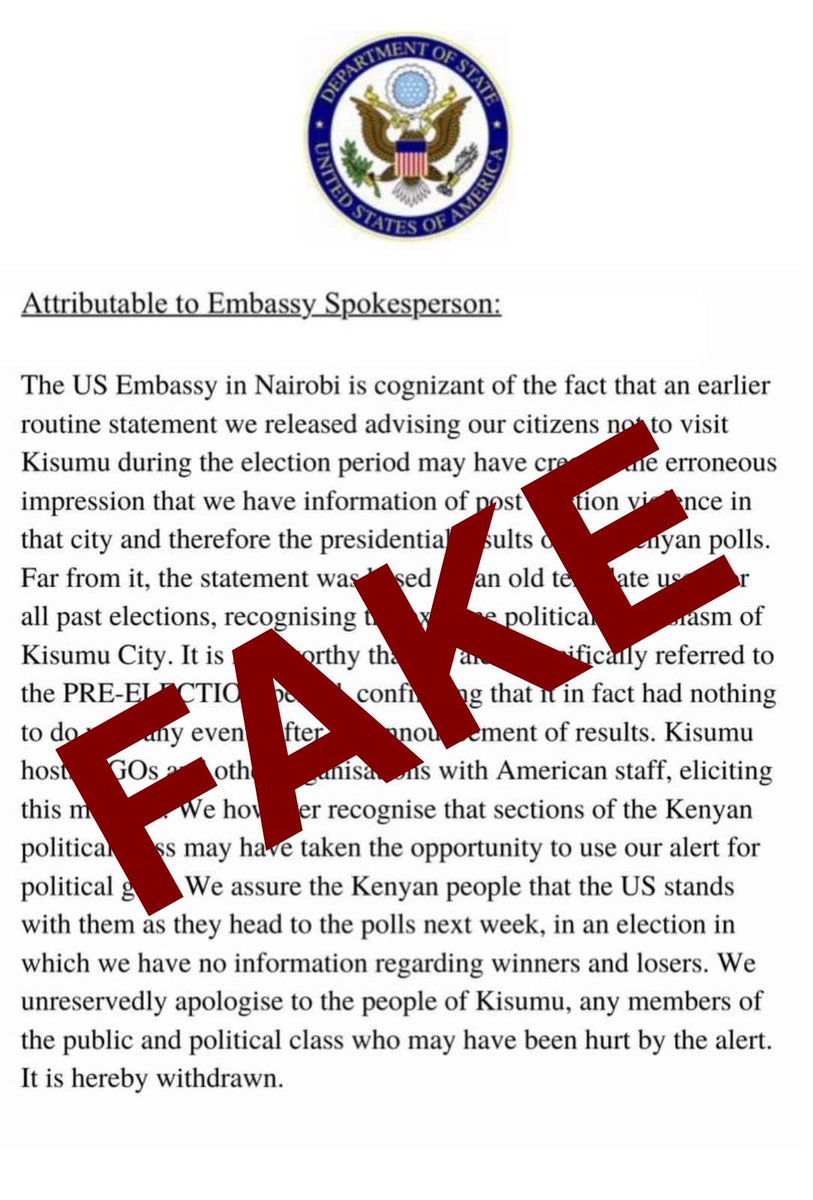 This statement circulating is false, please refer to our website for the actual statement: ke.usembassy.gov/update-on-secu…