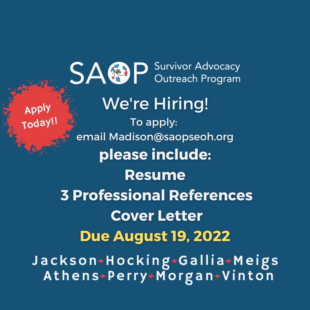 SAOPseoh's tweet photo. The Survivor Advocacy Outreach Program is hiring for a Forensic Interviewer at our Child Advocacy Center.

Questions email Madison@saopseoh.org

Applications due August 21st.

You can see the job description here: https://t.co/mMC0dY63wT or click the link in our bio. https://t.co/8WYktvZmQJ