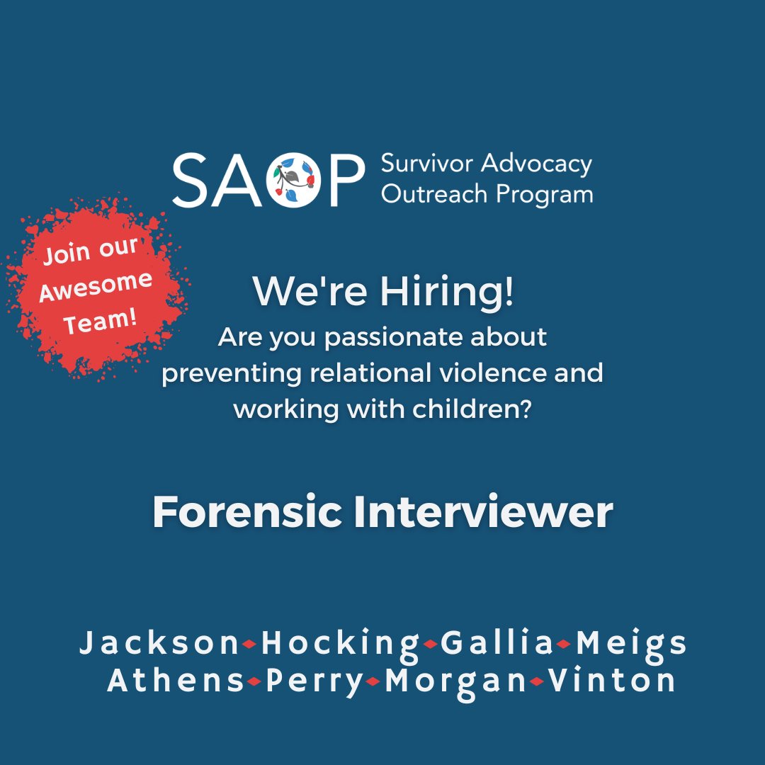 SAOPseoh's tweet photo. The Survivor Advocacy Outreach Program is hiring for a Forensic Interviewer at our Child Advocacy Center.

Questions email Madison@saopseoh.org

Applications due August 21st.

You can see the job description here: https://t.co/mMC0dY63wT or click the link in our bio. https://t.co/8WYktvZmQJ