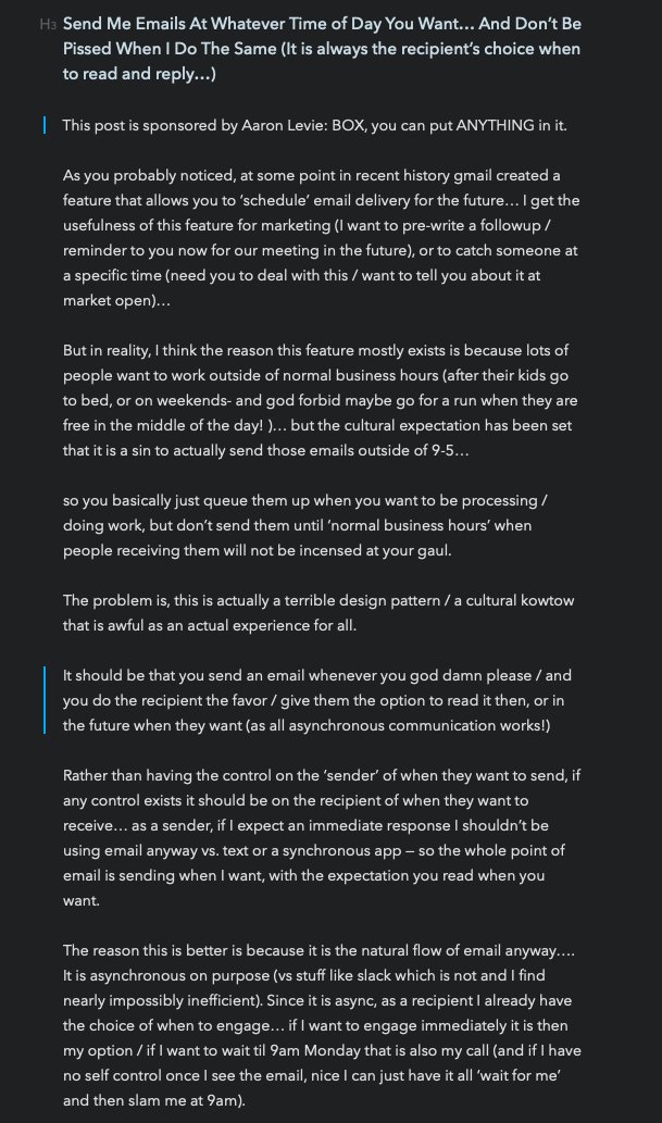 lessin's tweet photo. Send Me Emails At Whatever Time of Day You Want… And Don’t Be Pissed When I Do The Same (It is always the recipient’s choice when to read and reply…) cc @levie ;) https://t.co/yVMqf1HW2F