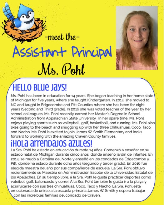 JWSbluejays's tweet photo. Say hello to our amazing Admin team!!! Welcome back to our Principal, Mrs. Thomas and a big Blue Jay welcome to our new Assistant Principal, Ms. Pohl!!! #bestnestinthewest #adminstration #BacktoSchool2022 https://t.co/wva2dMnSlu