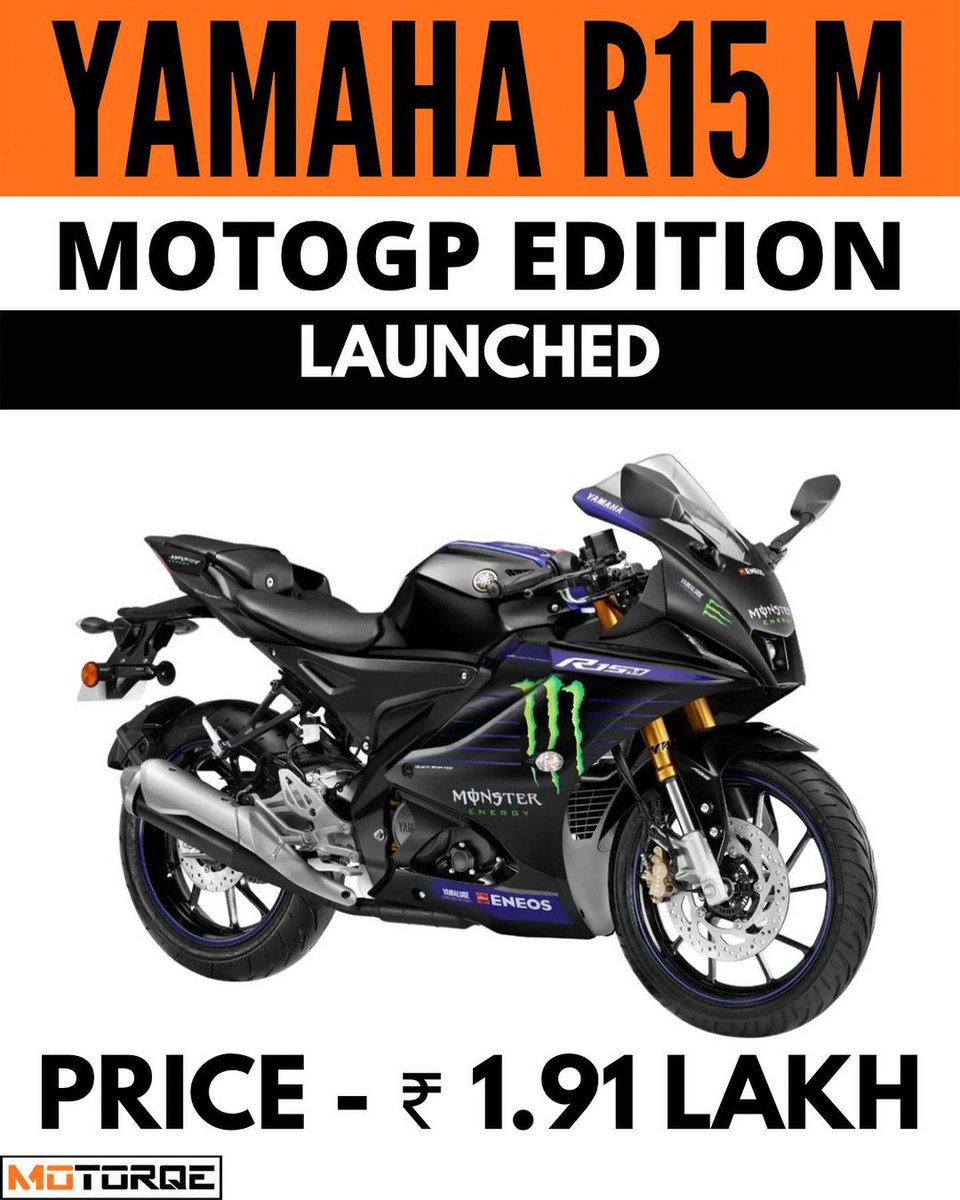 motorqe's tweet photo. Almost all @India_Yamaha models now come with a @MonsterEnergy @MotoGP livery:

🔷 R15M: Rs 1.91 lakh
🔷 MT 15 V2.0: Rs 1.65 lakh
🔷 RayZR 125 Fi Hybrid: Rs 87,330
🔷 Aerox 155: TBA
(ex-showroom prices)

#MotoGP #F1 #MonsterHunter #valentinorossi #YAMAHA #r15 #R1 https://t.co/9OC0TlKxWs