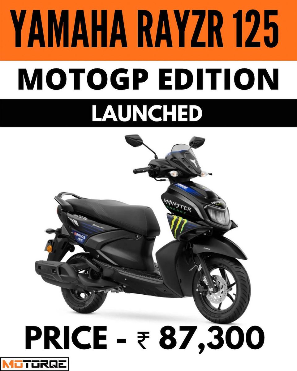 motorqe's tweet photo. Almost all @India_Yamaha models now come with a @MonsterEnergy @MotoGP livery:

🔷 R15M: Rs 1.91 lakh
🔷 MT 15 V2.0: Rs 1.65 lakh
🔷 RayZR 125 Fi Hybrid: Rs 87,330
🔷 Aerox 155: TBA
(ex-showroom prices)

#MotoGP #F1 #MonsterHunter #valentinorossi #YAMAHA #r15 #R1 https://t.co/9OC0TlKxWs