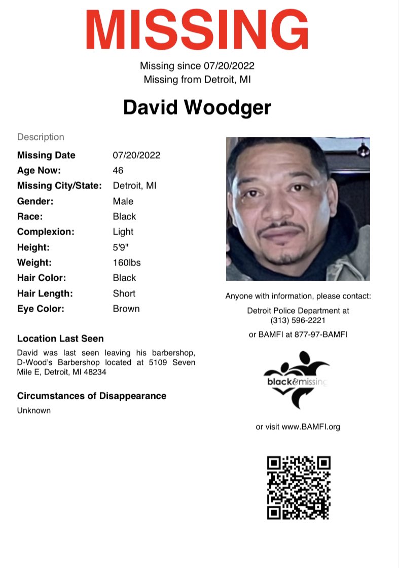 BAM_FI's tweet photo. #Detroit, MI: 46y/o David Woodger was last seen leaving his barbershop, D-Wood's Barbershop located at 5109 Seven Mile E, Detroit, MI on July 20, 2022.   David was last seen wearing a white t-shirt and gray shorts.

#HelpUsFindDavid #DavidWoodger https://t.co/PLMOBWiKLX