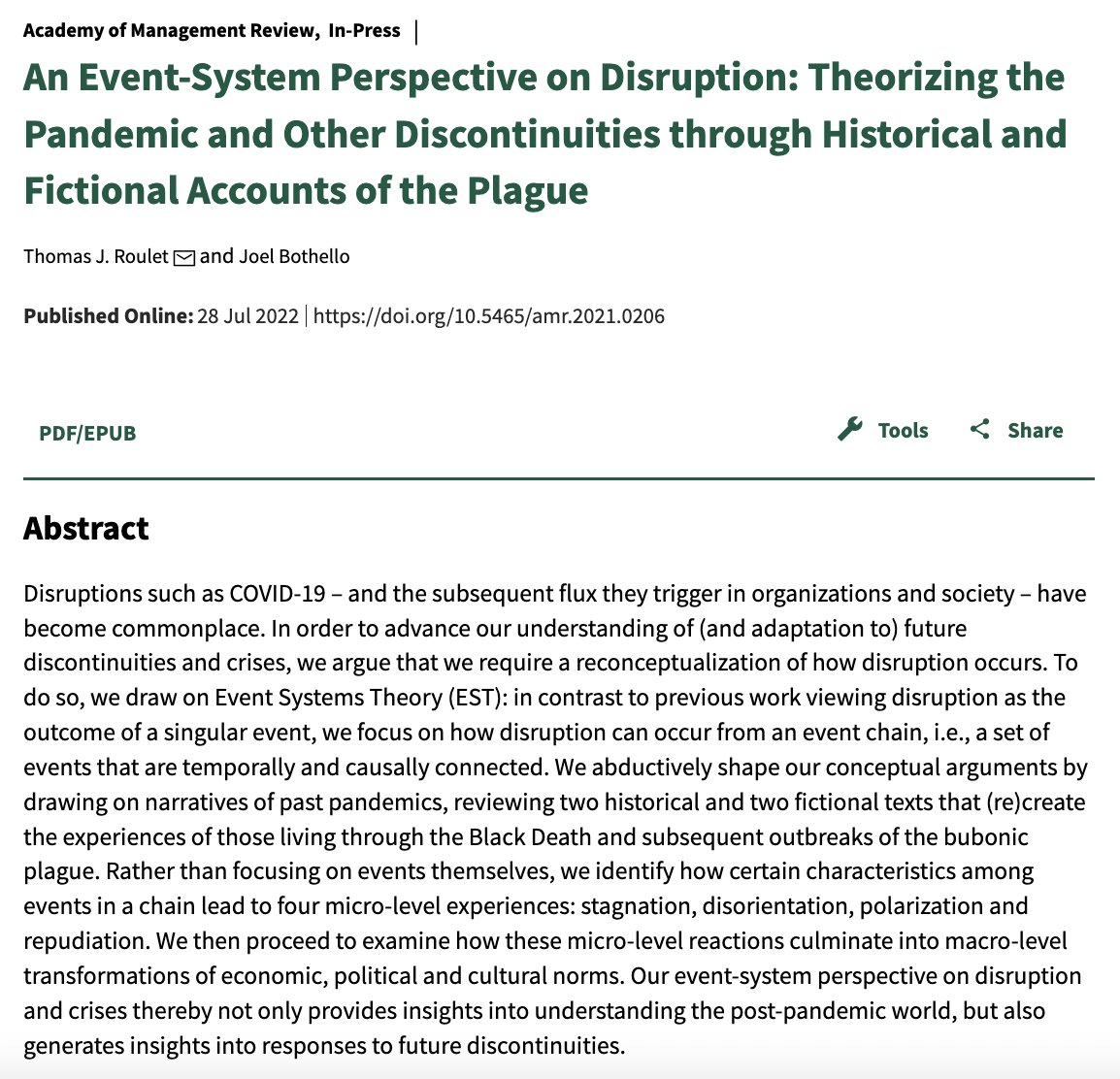 🔴Another read for #AOM2022
🚨Geopolitical, pandemic, climate change crises. How do discontinuities relate to each other?
✅ In this new #AMR with @J_Bothello we try to offer a multi-level perspective disruption.
journals.aom.org/doi/10.5465/am… (1/5)