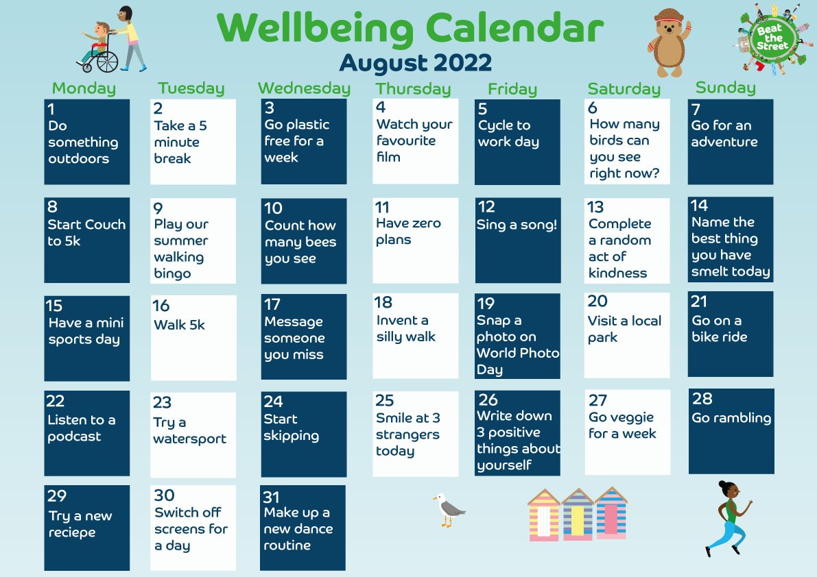 August is already in full swing! On #Playday2022 check out our #wellbeing calendar for some fun suggestions of things to do this month. Let us know how many you check off below 👇