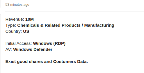 Threat actor is selling access to a Chemicals &amp; Related Products company in the US. Their description really matches <a href="/NonStopConsult/">NonStop Consulting</a> <a href="/nsC_US/">nonstopConsulting_US</a> zoominfo profile