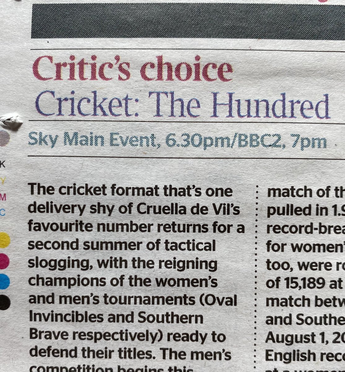 mccachar's tweet photo. “The cricket format that’s one delivery shy of Cruella de Vil’s favourite number” @secondmentions #TheHundred https://t.co/pk2MaB12Uf
