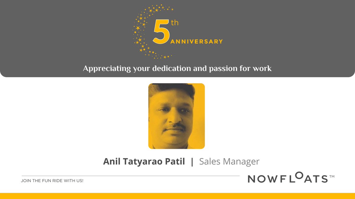 NowFloats's tweet photo. On behalf of the entire company, we would like to congratulate Anil Tatyarao Patil on his fifth work anniversary and thank him for his contribution to Team NowFloats. Keep shining!
.
#nowfloats #insideNF #trusteddigitalpartner #Nfteam #nfall #virtual  #LifeatNowfloats  #5years https://t.co/twP8NVIufY