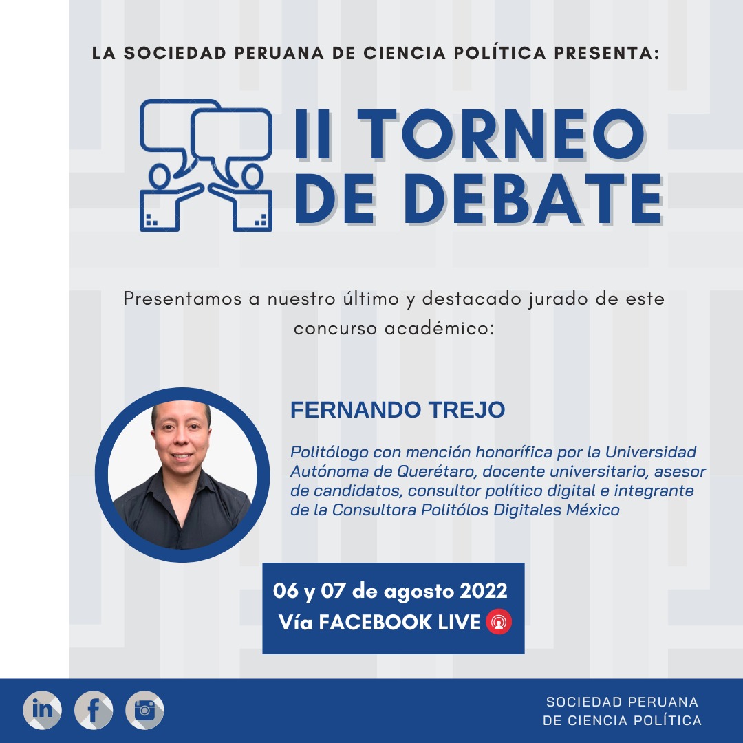 SociedadPCP's tweet photo. #SPCP | II TORNEO DE DEBATE
Tenemos el agrado de presentar a nuestro nuevo y destacado jurado, que se une al “II TORNEO DE DEBATE SPCP"

❗Acompáñanos mediante Facebook Live el 06 y el 07 de agosto.

#Debate #CienciaPolitica #Perú #spcp #politica #debatepolitico #debateperu https://t.co/5lQdrwDHPP