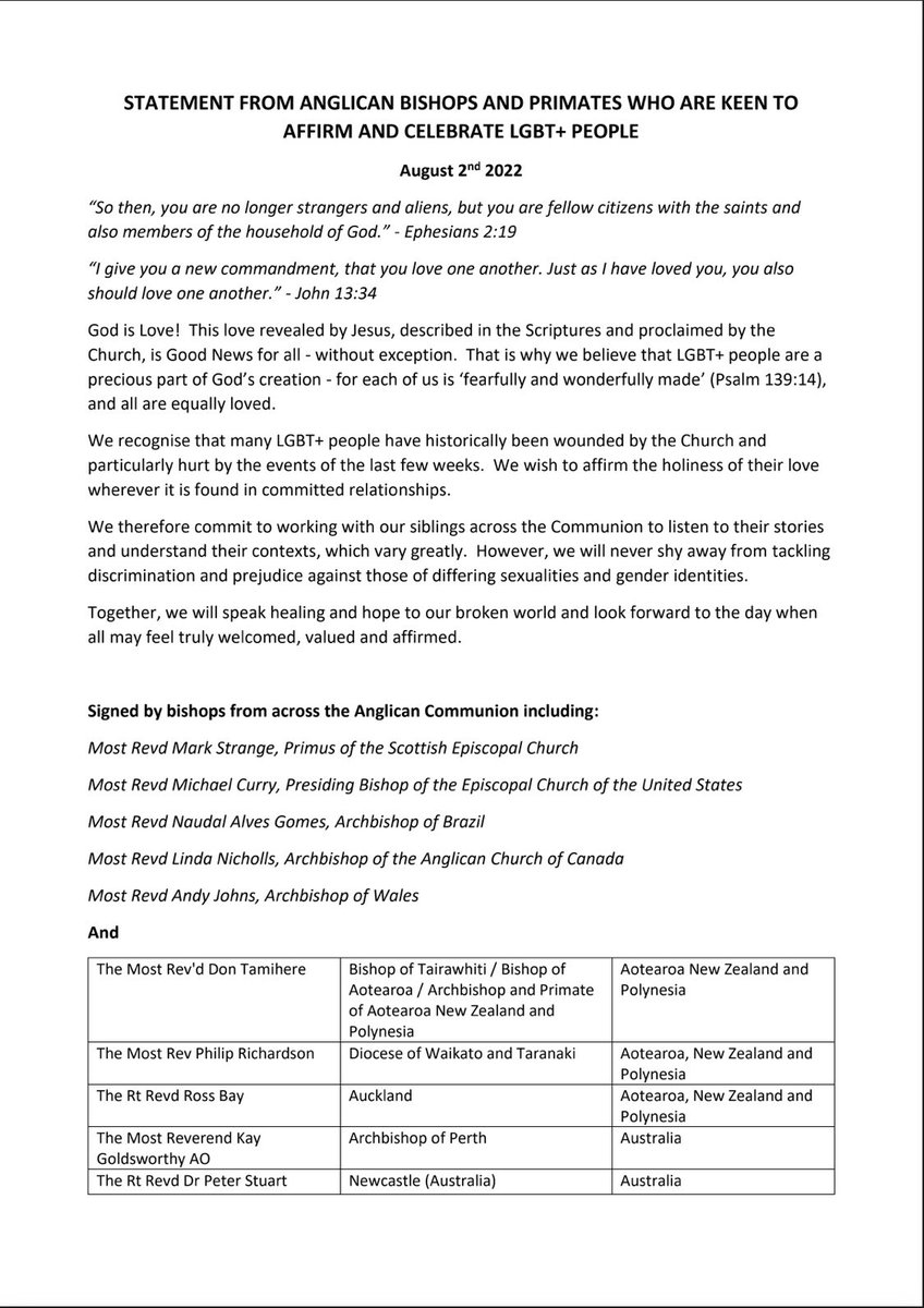 Diobeth's tweet photo. Lambeth Update Day 8:
Bishop Kevin is among the bishops from around the Anglican Communion at #lambeth who signed this statement affirming and celebrating LGBTQIA+ people. #diobeth https://t.co/80NgiwExHK